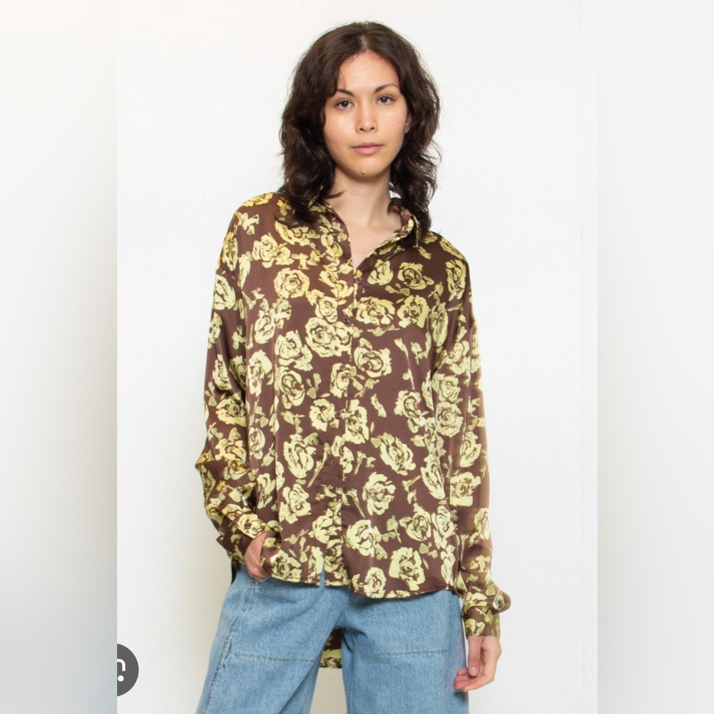PERSONS Simone Satin Button Down in Chartreuse Rose